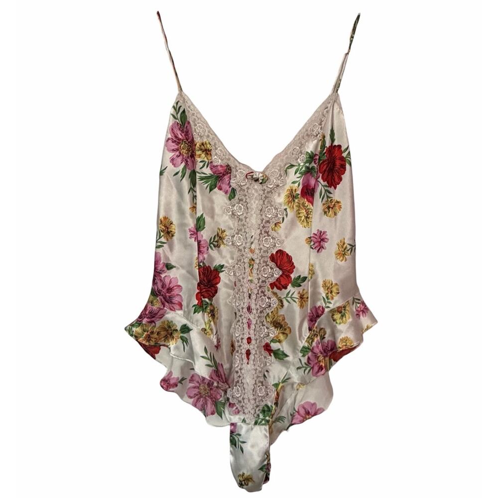 Victoria's Secret Lingerie Gold Label Satin Teddy Flutter Floral Vintage 80s M